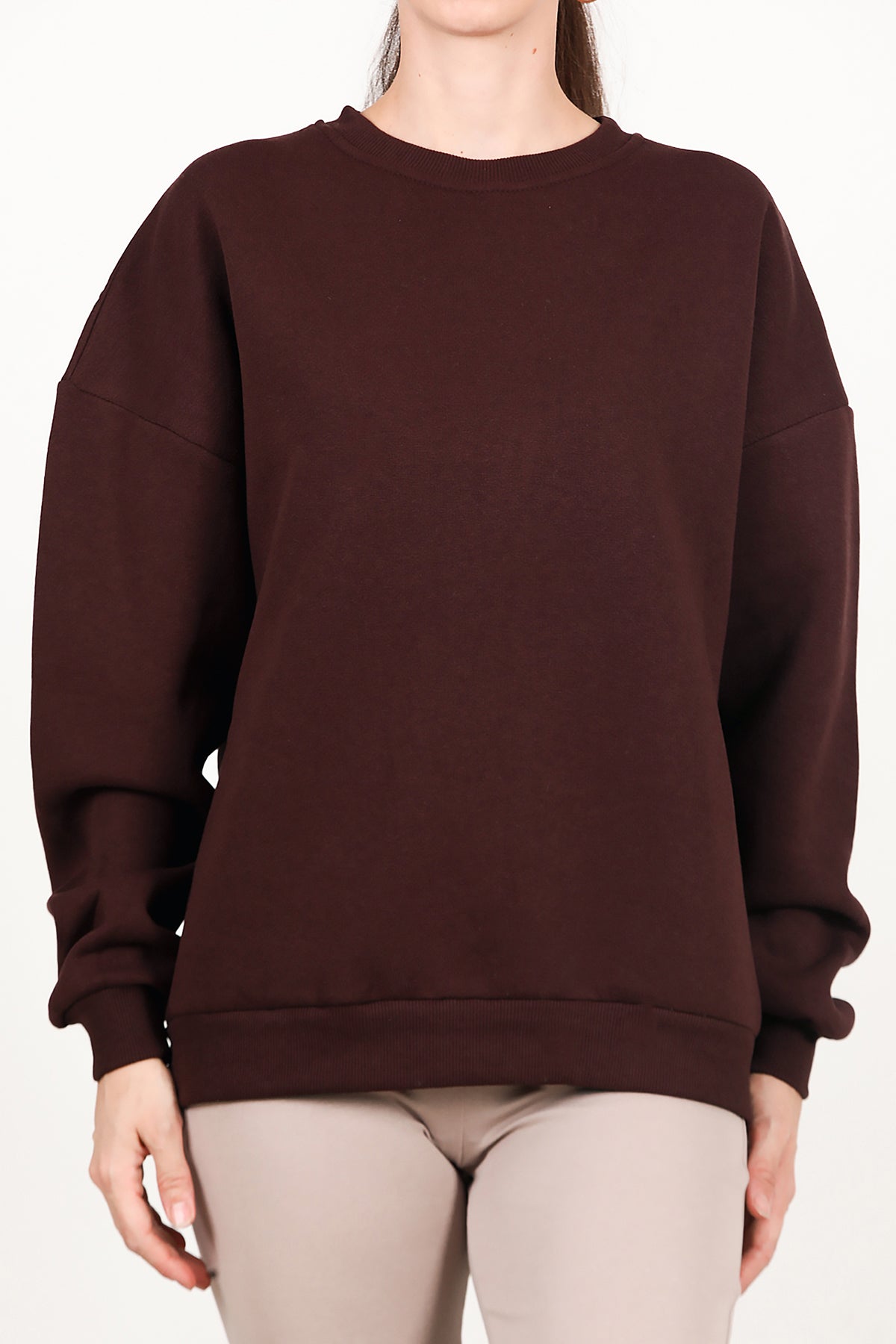 Kadın Bisiklet Yaka Üç İplik Oversize Sweat Kahverengi