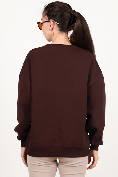 Kadın Bisiklet Yaka Üç İplik Oversize Sweat Kahverengi