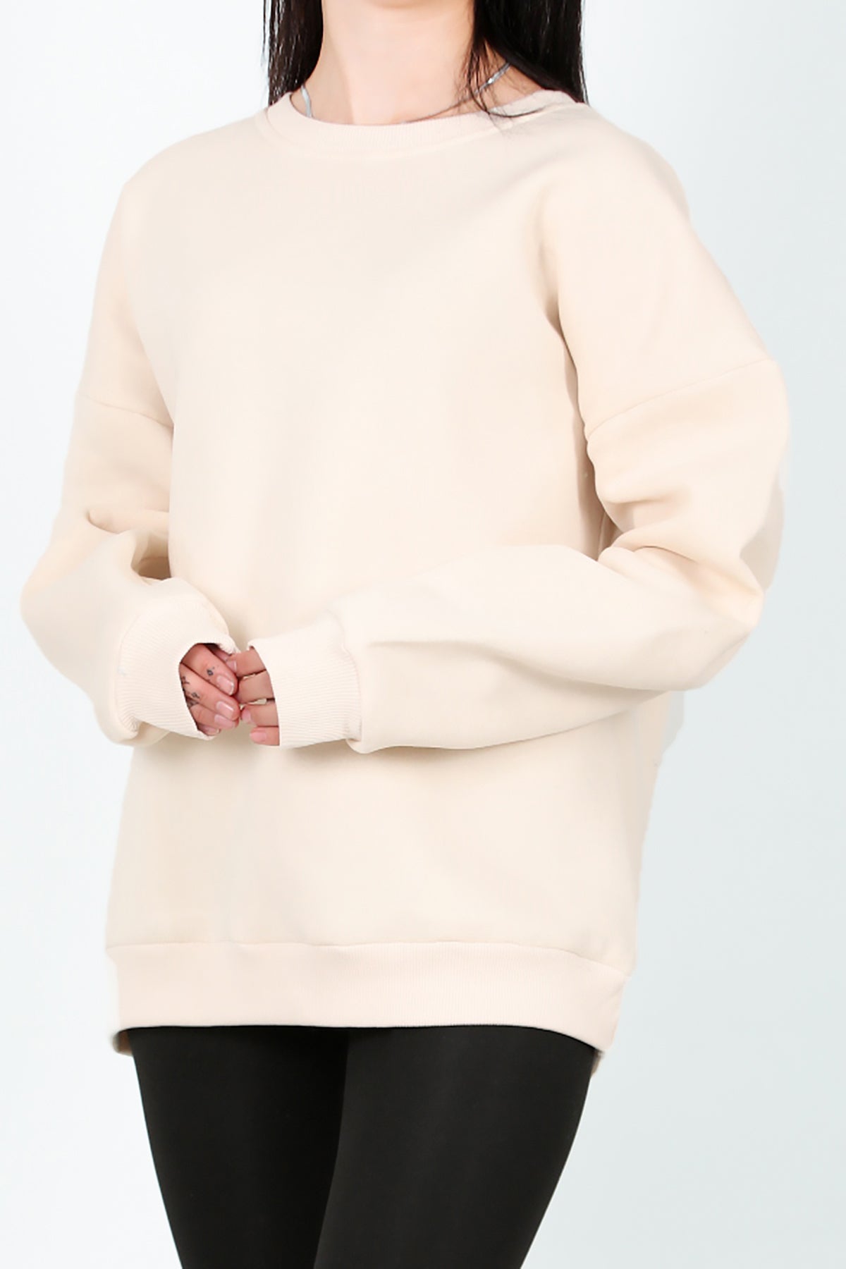 Kadın Bisiklet Yaka Üç İplik Oversize Sweat Krem