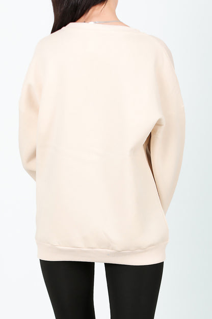 Kadın Bisiklet Yaka Üç İplik Oversize Sweat Krem