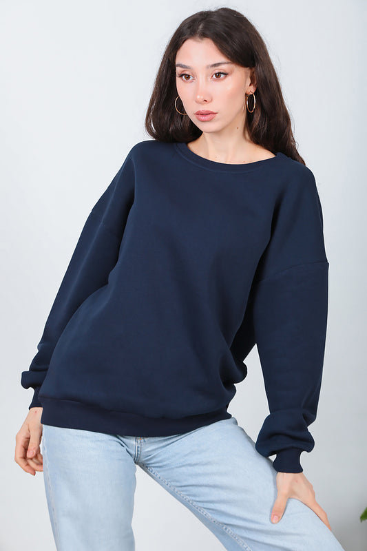 Kadın Bisiklet Yaka Üç İplik Oversize Sweat Lacivert