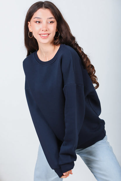 Kadın Bisiklet Yaka Üç İplik Oversize Sweat Lacivert