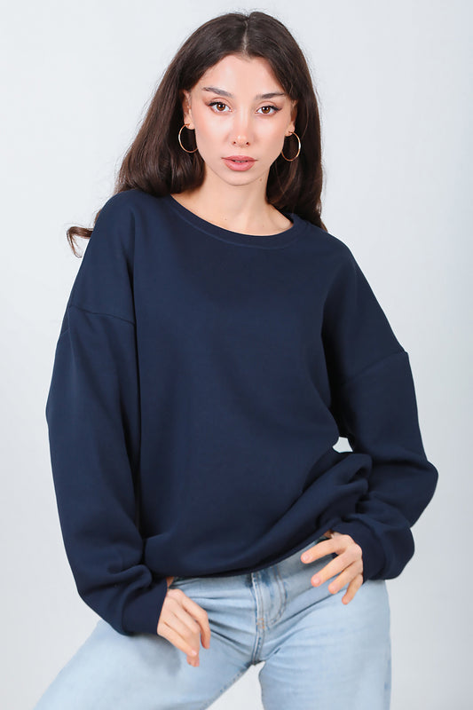 Kadın Bisiklet Yaka Üç İplik Oversize Sweat Lacivert