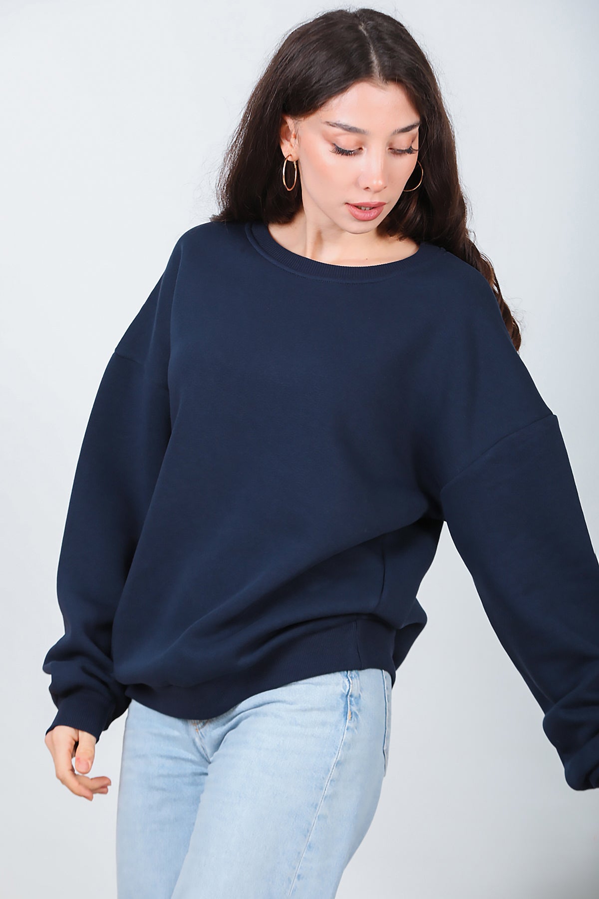 Kadın Bisiklet Yaka Üç İplik Oversize Sweat Lacivert
