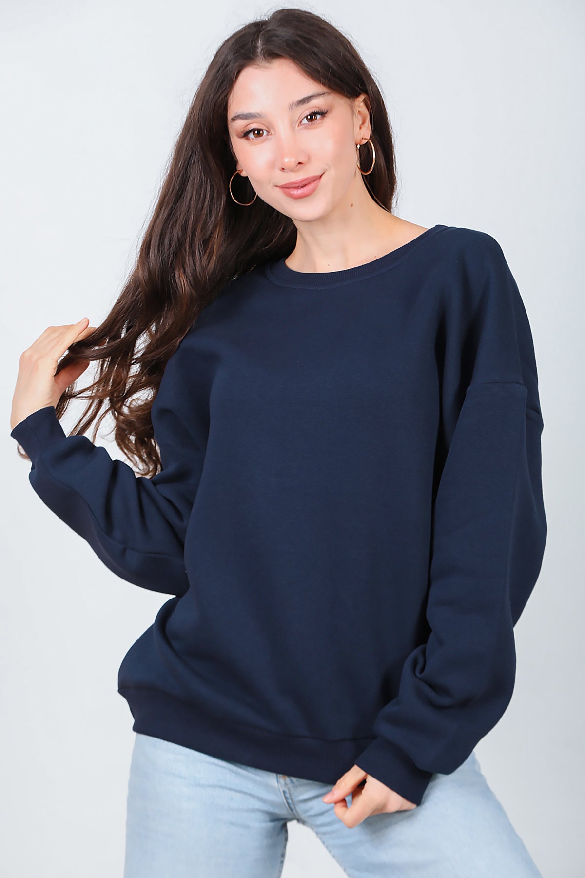 Kadın Bisiklet Yaka Üç İplik Oversize Sweat Lacivert