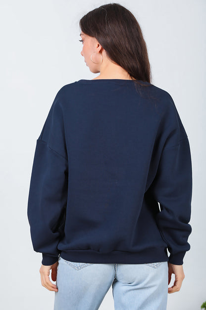 Kadın Bisiklet Yaka Üç İplik Oversize Sweat Lacivert