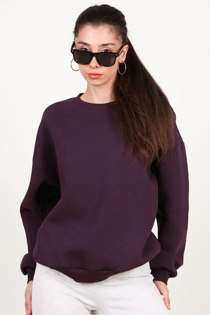 Kadın Bisiklet Yaka Üç İplik Oversize Sweat Mor