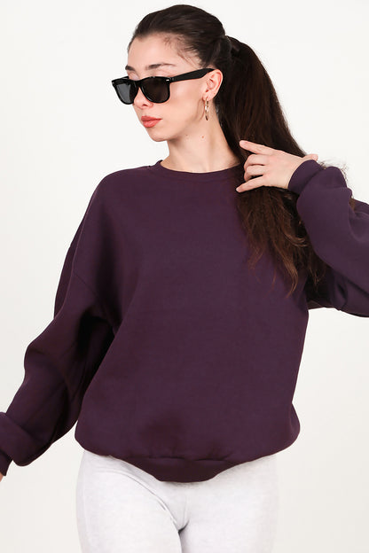 Kadın Bisiklet Yaka Üç İplik Oversize Sweat Mor