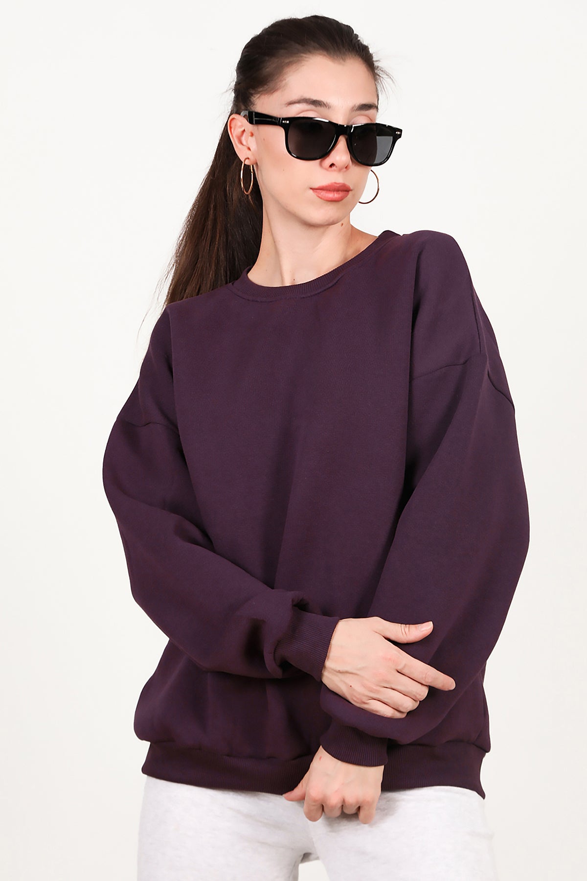 Kadın Bisiklet Yaka Üç İplik Oversize Sweat Mor
