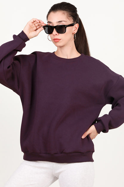 Kadın Bisiklet Yaka Üç İplik Oversize Sweat Mor