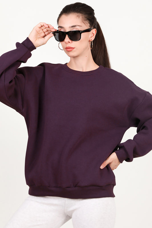 Kadın Bisiklet Yaka Üç İplik Oversize Sweat Mor