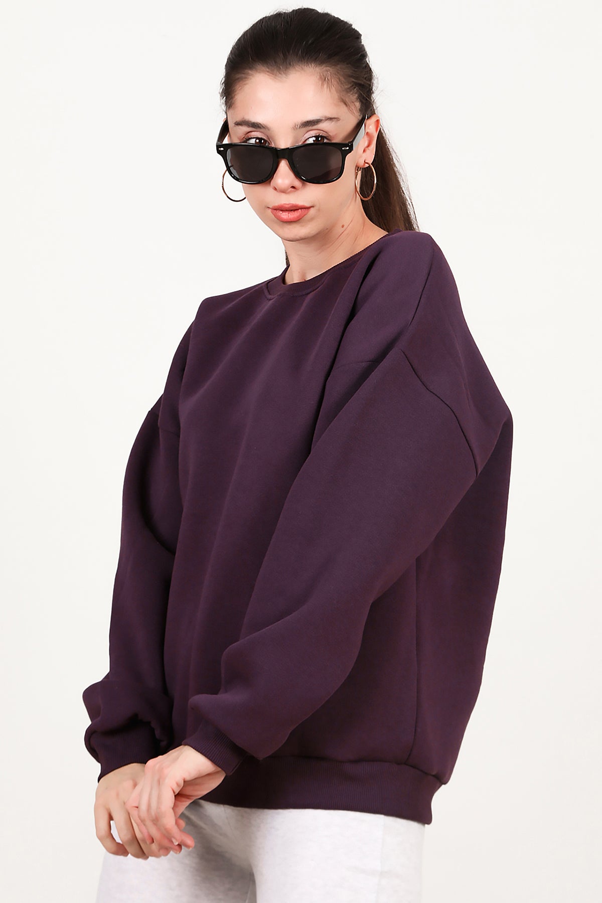 Kadın Bisiklet Yaka Üç İplik Oversize Sweat Mor