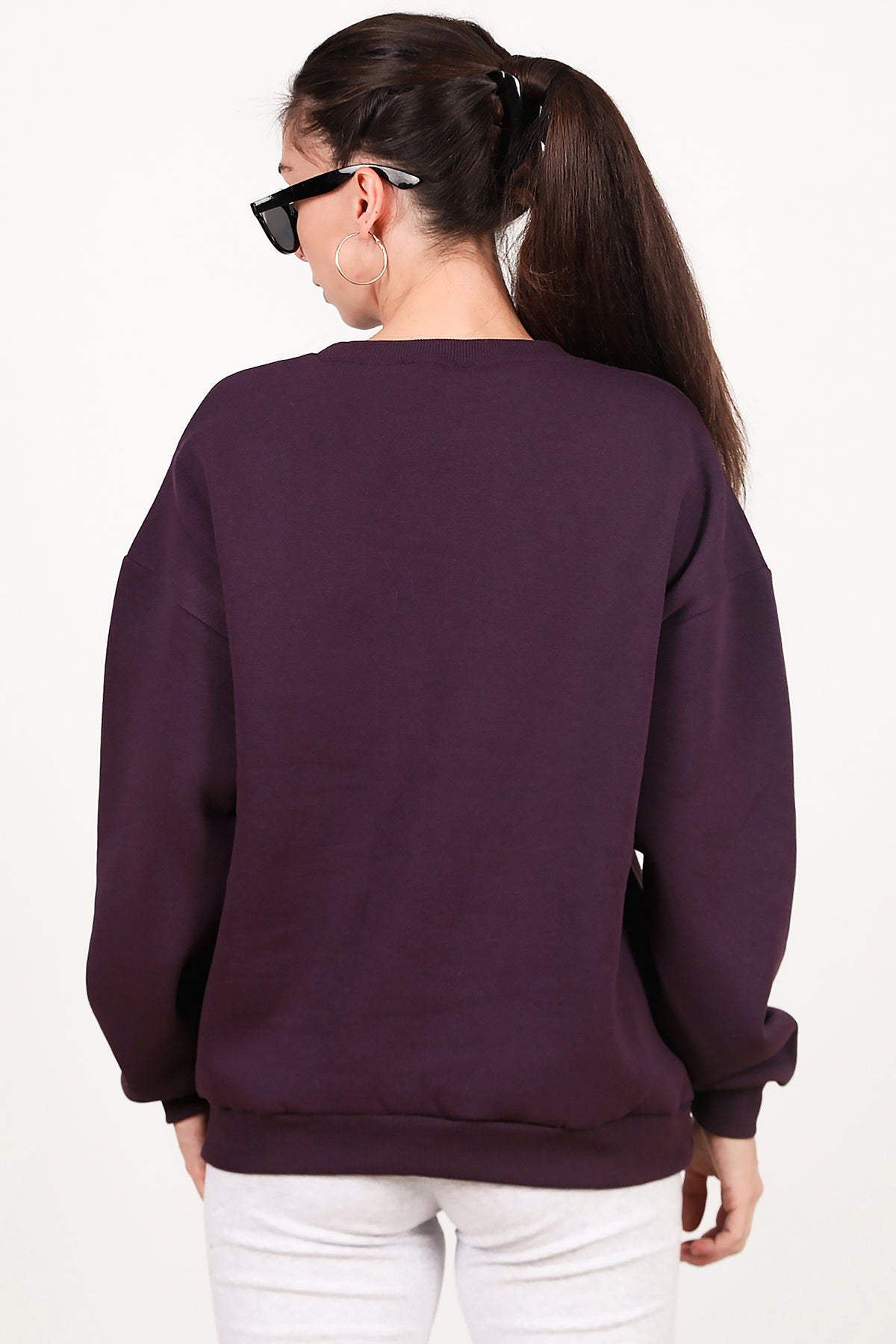 Kadın Bisiklet Yaka Üç İplik Oversize Sweat Mor