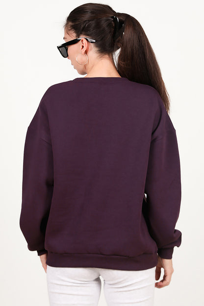 Kadın Bisiklet Yaka Üç İplik Oversize Sweat Mor