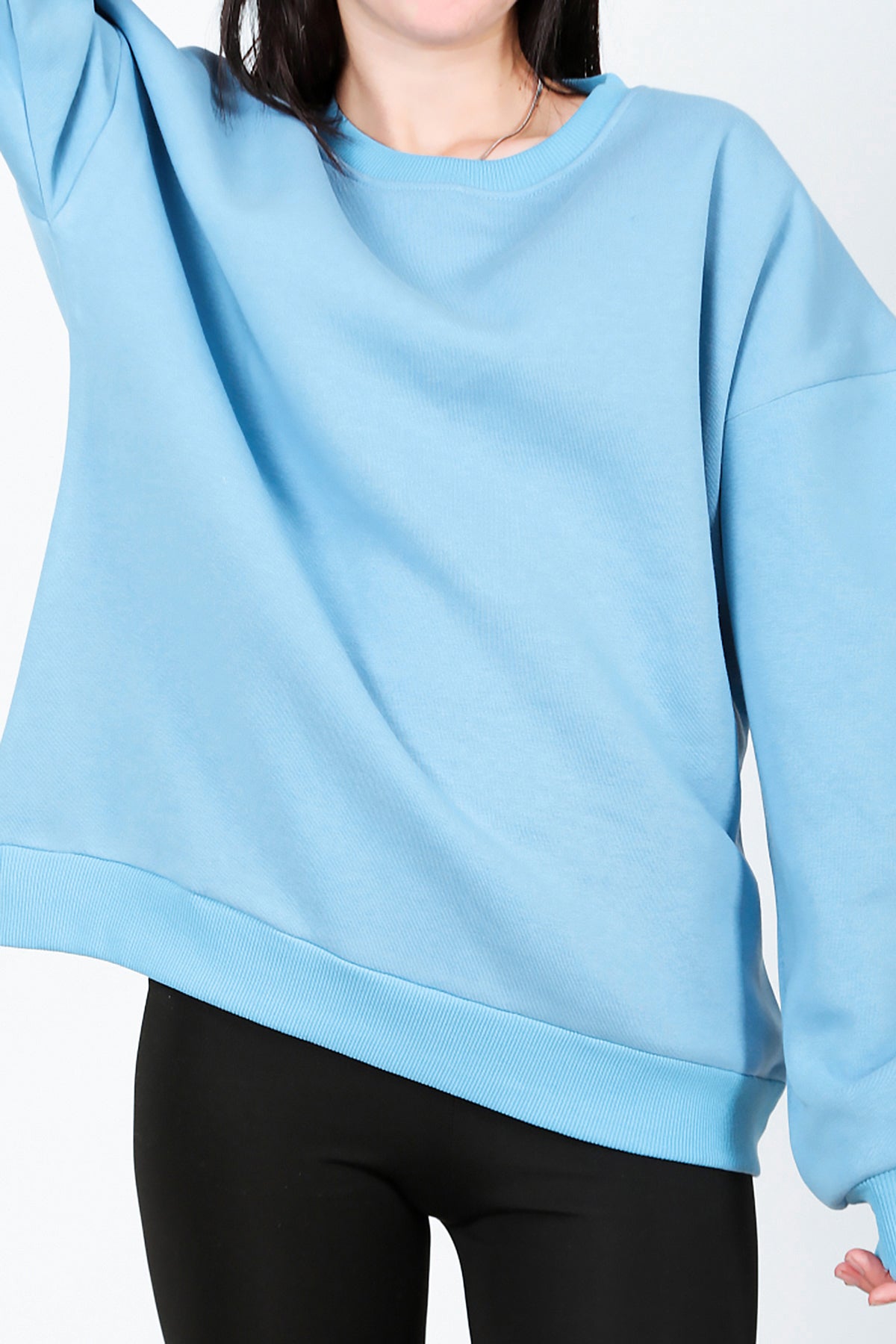 Kadın Bisiklet Yaka Üç İplik Oversize Sweat Mavi