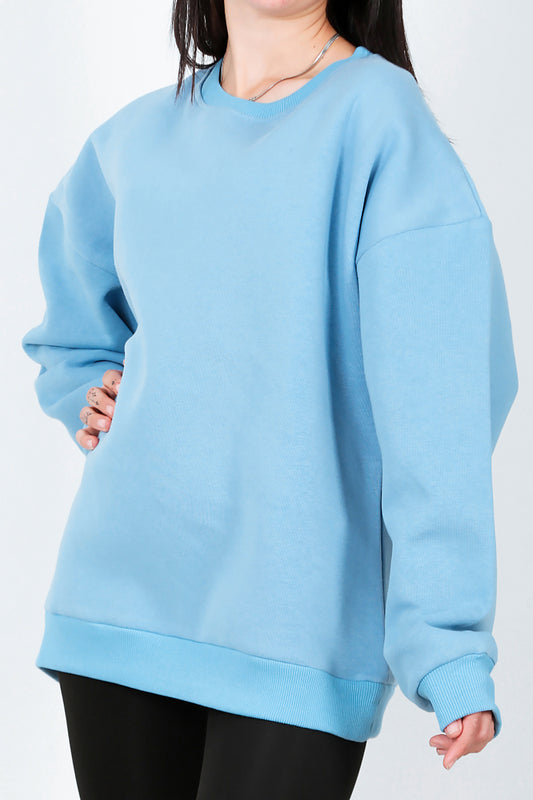 Kadın Bisiklet Yaka Üç İplik Oversize Sweat Mavi