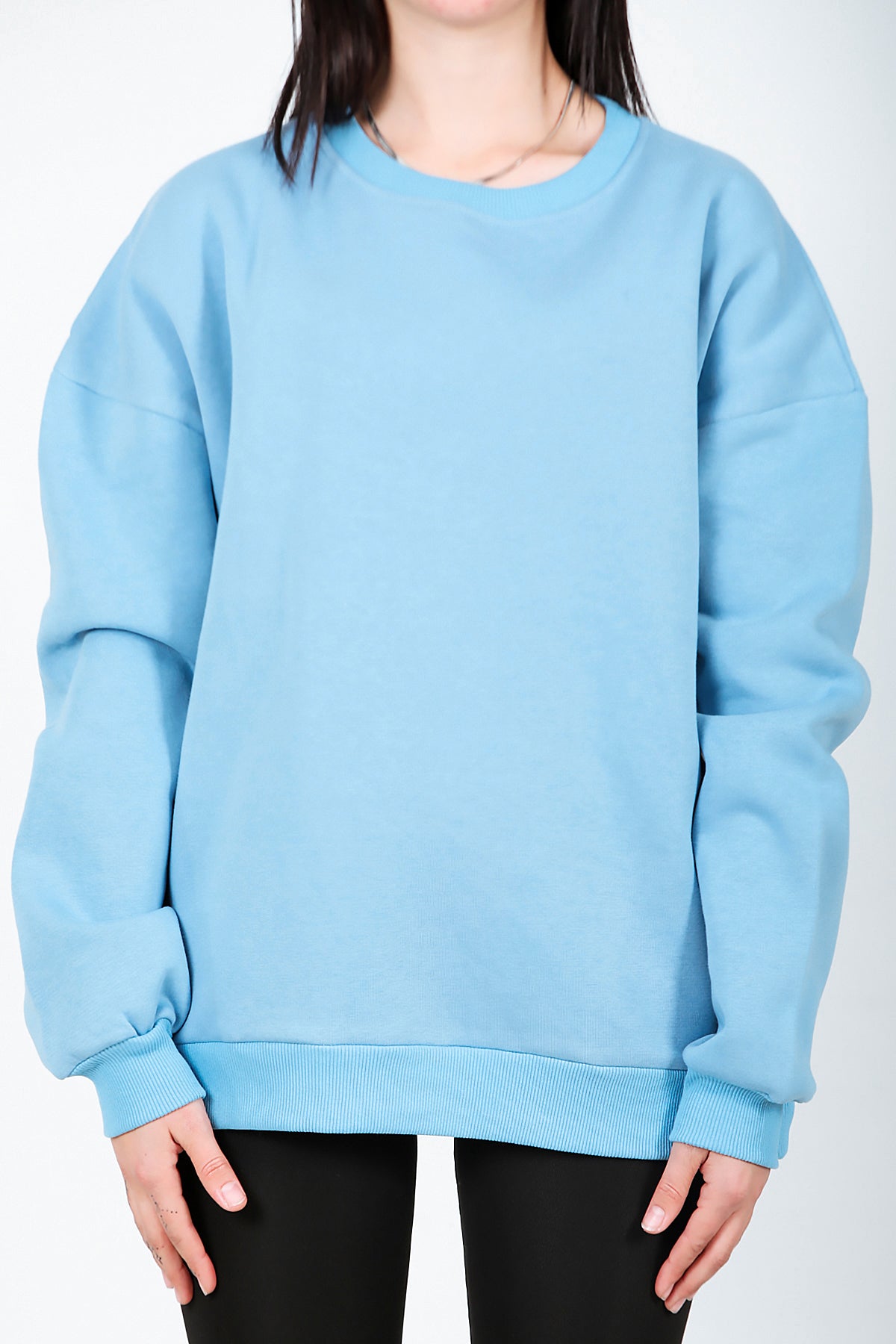 Kadın Bisiklet Yaka Üç İplik Oversize Sweat Mavi