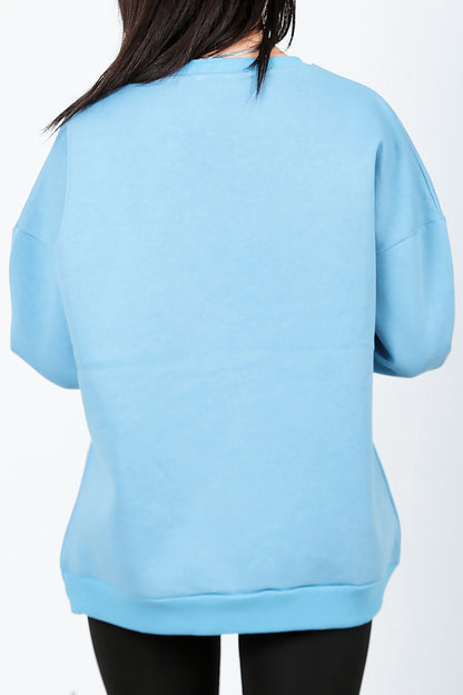 Kadın Bisiklet Yaka Üç İplik Oversize Sweat Mavi