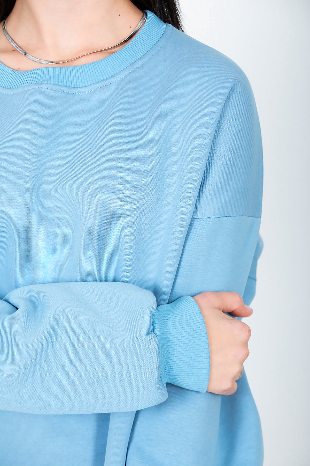 Kadın Bisiklet Yaka Üç İplik Oversize Sweat Mavi