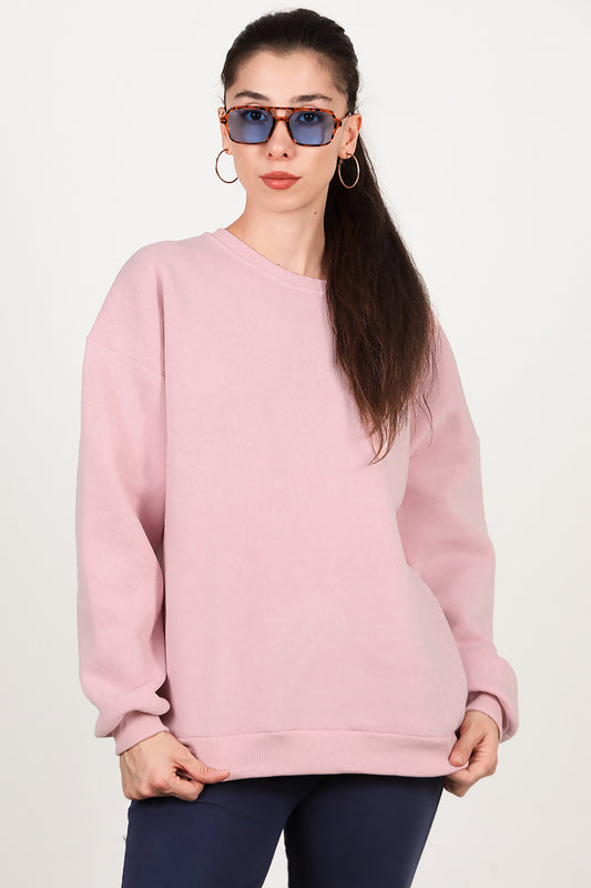 Kadın Bisiklet Yaka Üç İplik Oversize Sweat Pembe