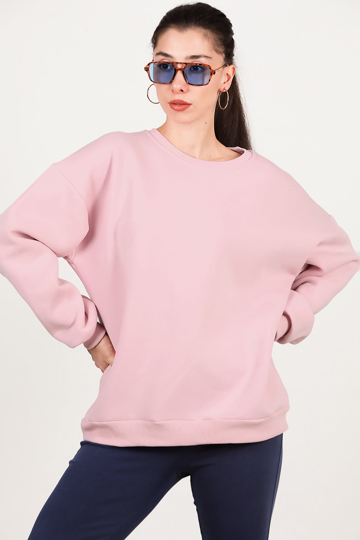 Kadın Bisiklet Yaka Üç İplik Oversize Sweat Pembe