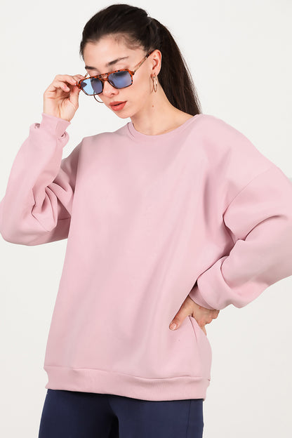 Kadın Bisiklet Yaka Üç İplik Oversize Sweat Pembe