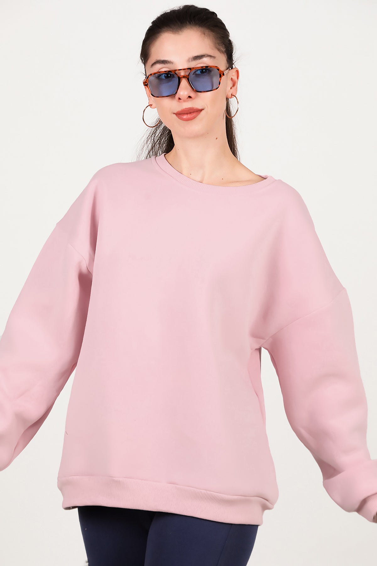 Kadın Bisiklet Yaka Üç İplik Oversize Sweat Pembe