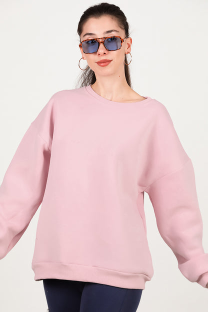 Kadın Bisiklet Yaka Üç İplik Oversize Sweat Pembe