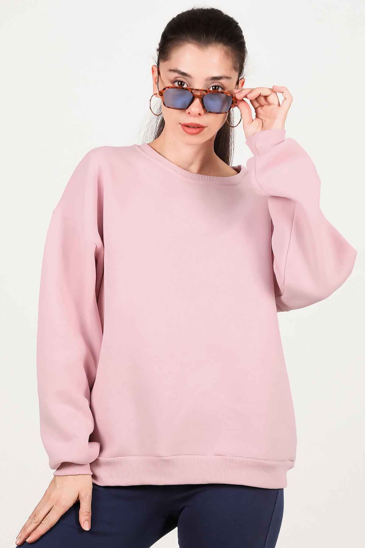 Kadın Bisiklet Yaka Üç İplik Oversize Sweat Pembe
