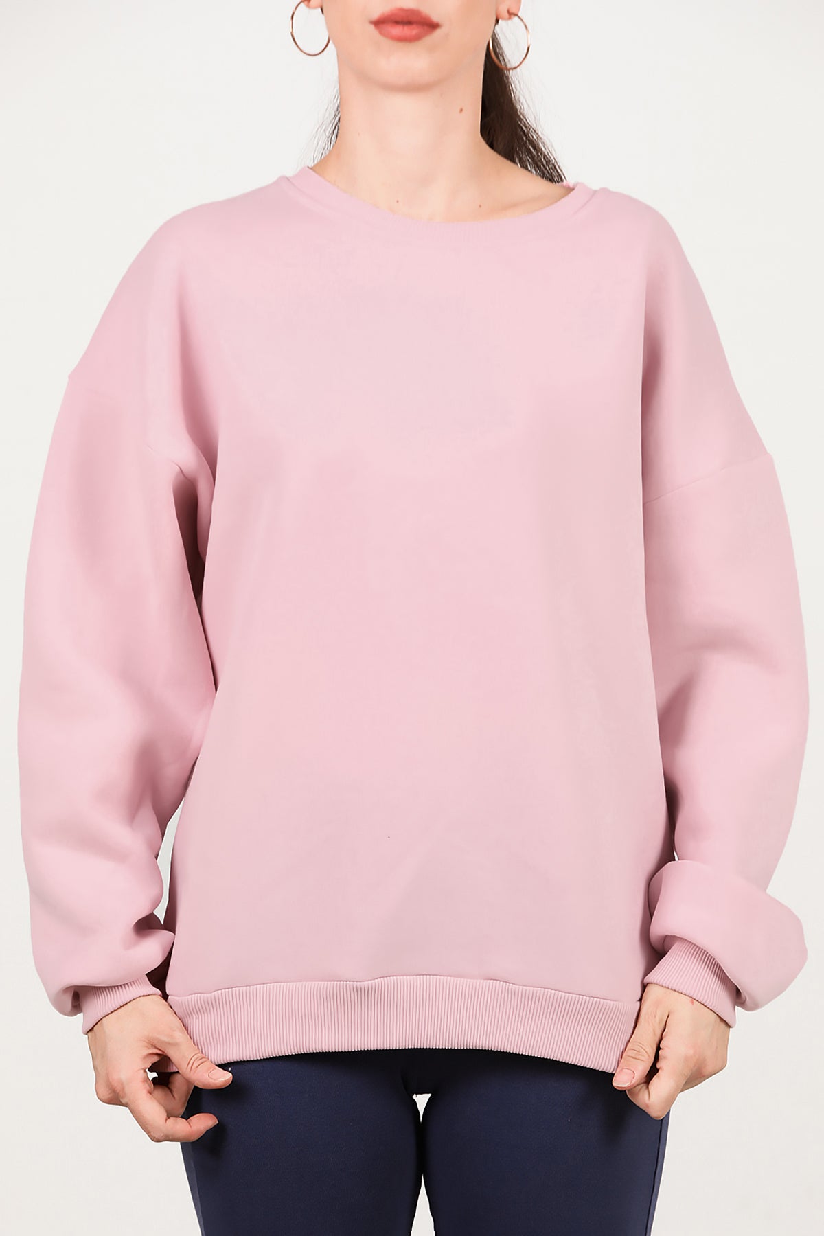 Kadın Bisiklet Yaka Üç İplik Oversize Sweat Pembe
