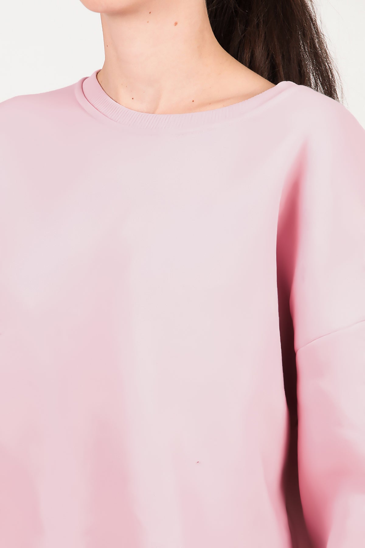 Kadın Bisiklet Yaka Üç İplik Oversize Sweat Pembe