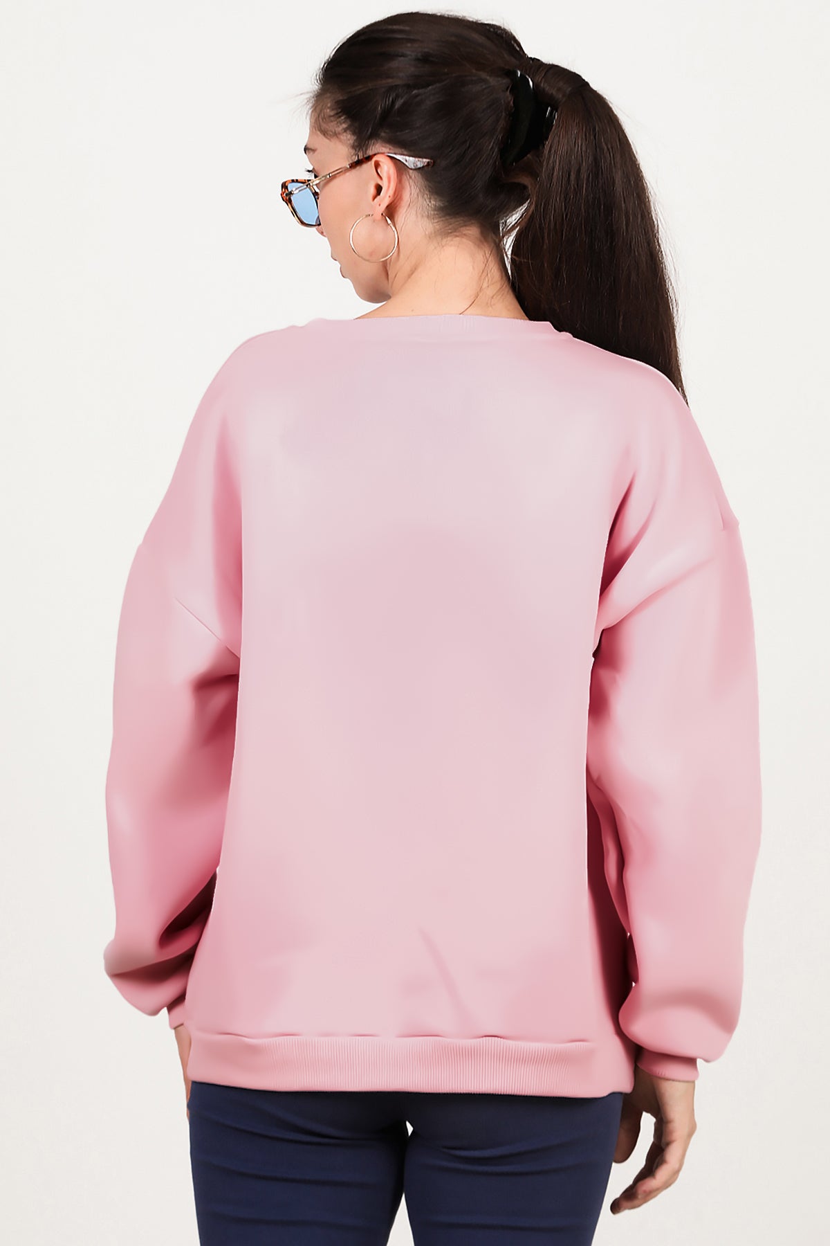 Kadın Bisiklet Yaka Üç İplik Oversize Sweat Pembe
