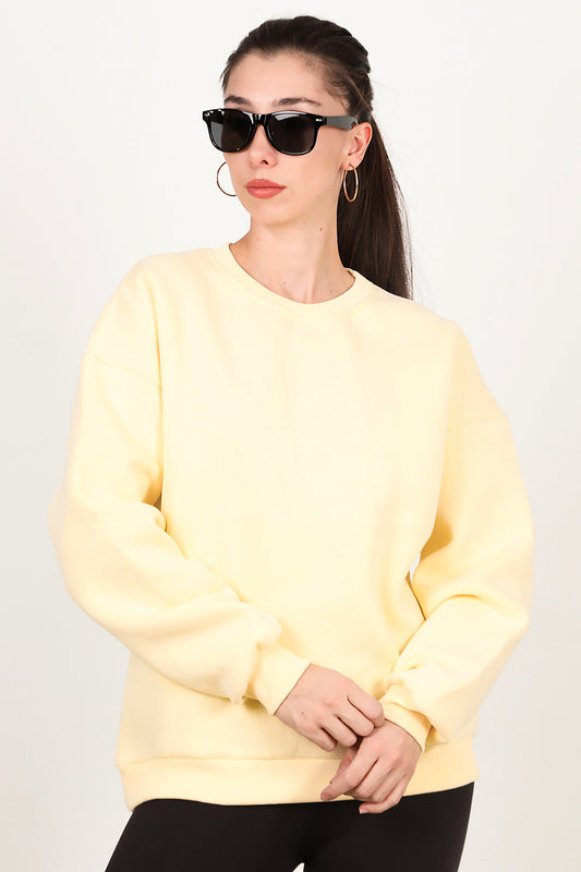 Kadın Bisiklet Yaka Üç İplik Oversize Sweat Sarı