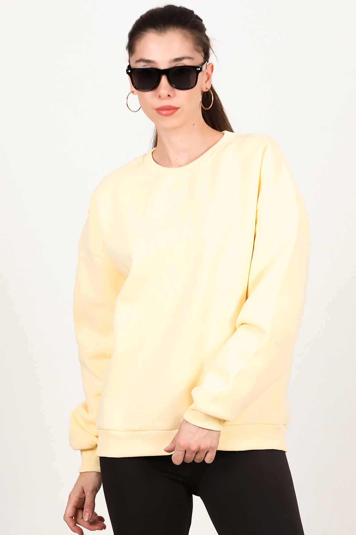 Kadın Bisiklet Yaka Üç İplik Oversize Sweat Sarı