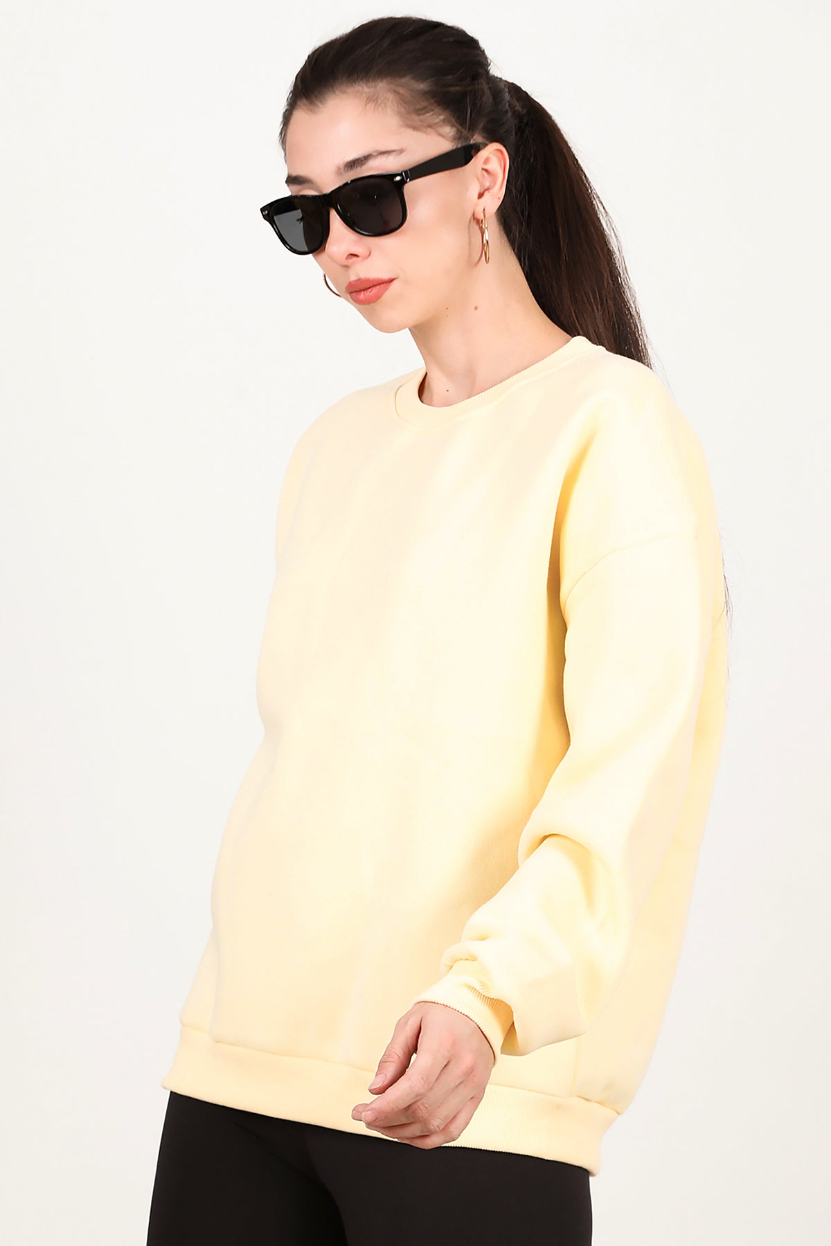 Kadın Bisiklet Yaka Üç İplik Oversize Sweat Sarı