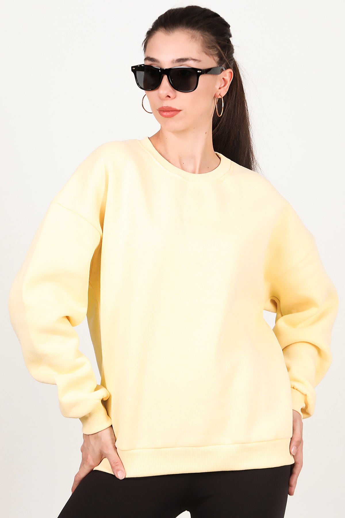 Kadın Bisiklet Yaka Üç İplik Oversize Sweat Sarı