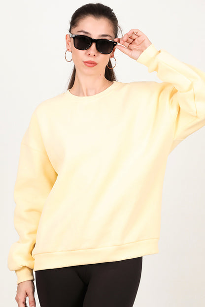 Kadın Bisiklet Yaka Üç İplik Oversize Sweat Sarı