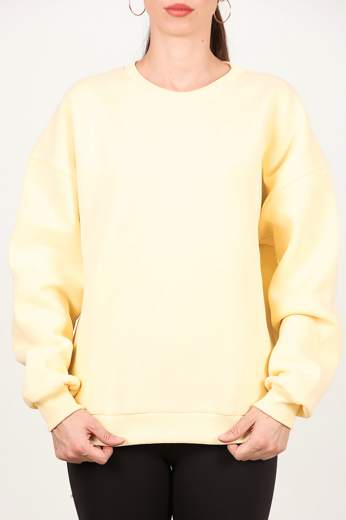 Kadın Bisiklet Yaka Üç İplik Oversize Sweat Sarı