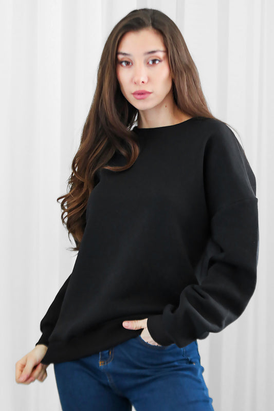 Kadın Bisiklet Yaka Üç İplik Oversize Sweat Siyah
