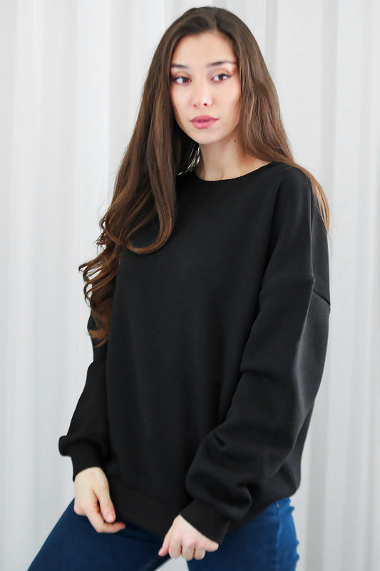 Kadın Bisiklet Yaka Üç İplik Oversize Sweat Siyah