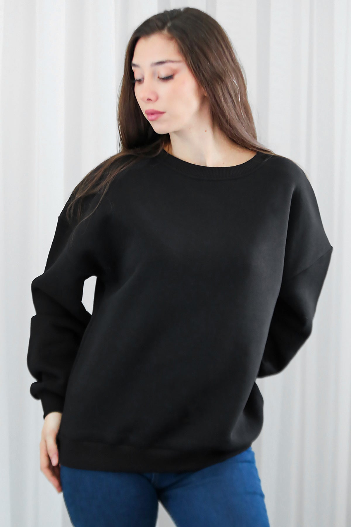 Kadın Bisiklet Yaka Üç İplik Oversize Sweat Siyah