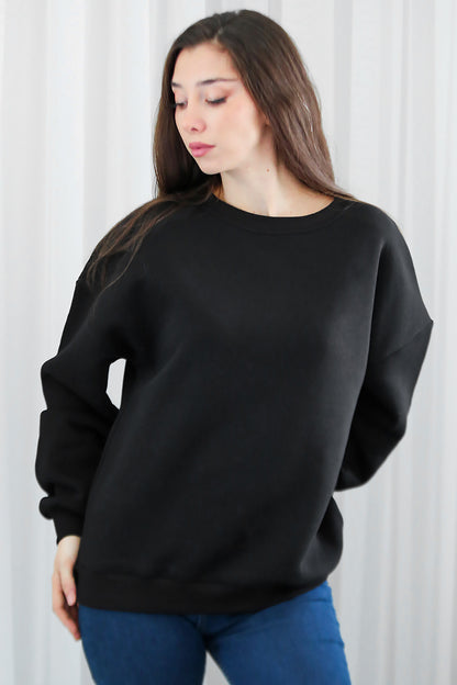 Kadın Bisiklet Yaka Üç İplik Oversize Sweat Siyah