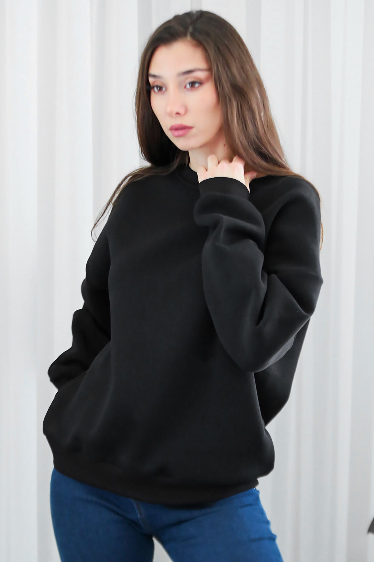 Kadın Bisiklet Yaka Üç İplik Oversize Sweat Siyah