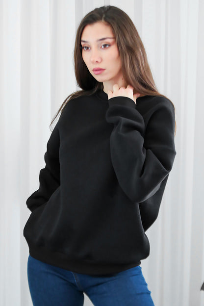 Kadın Bisiklet Yaka Üç İplik Oversize Sweat Siyah
