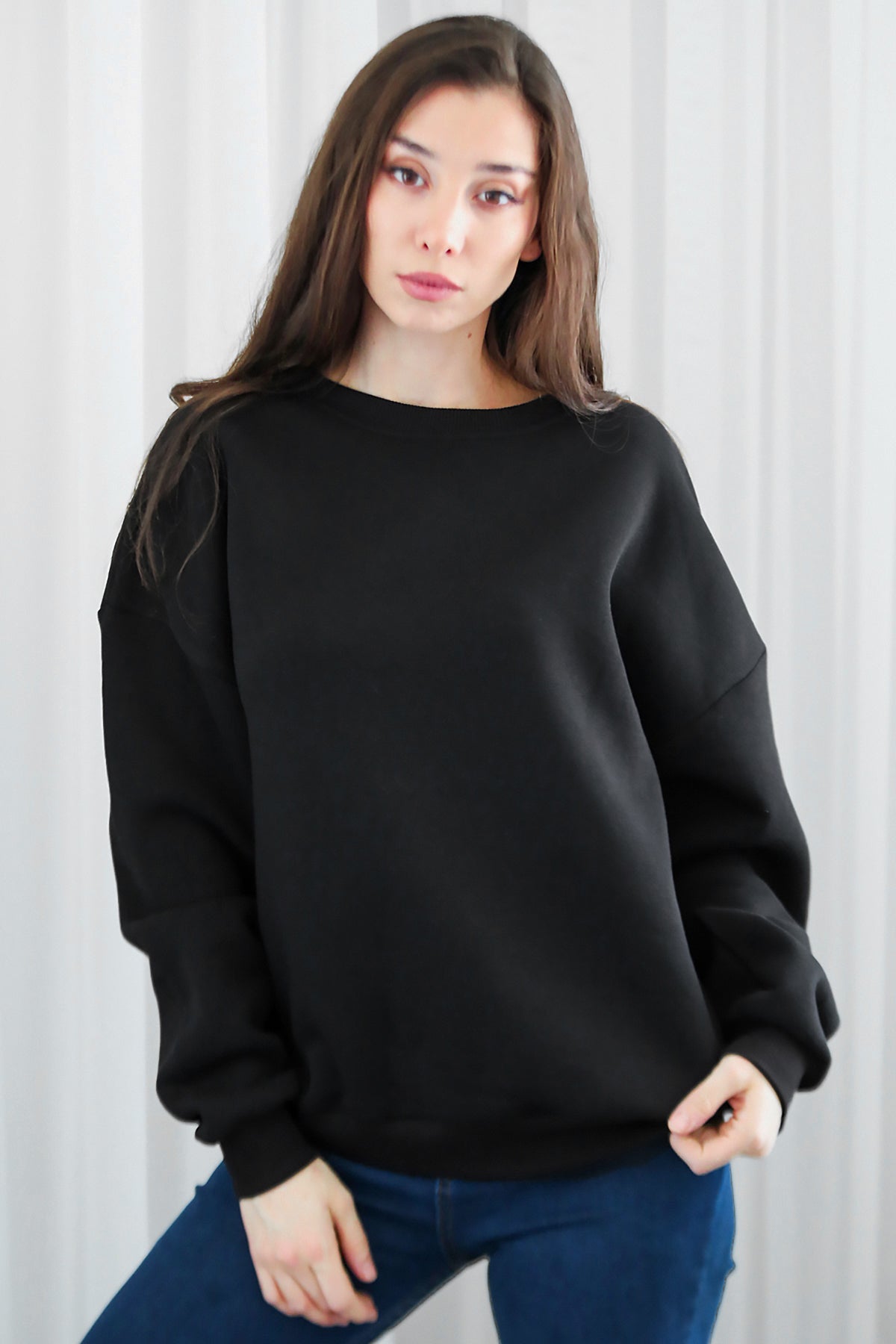 Kadın Bisiklet Yaka Üç İplik Oversize Sweat Siyah
