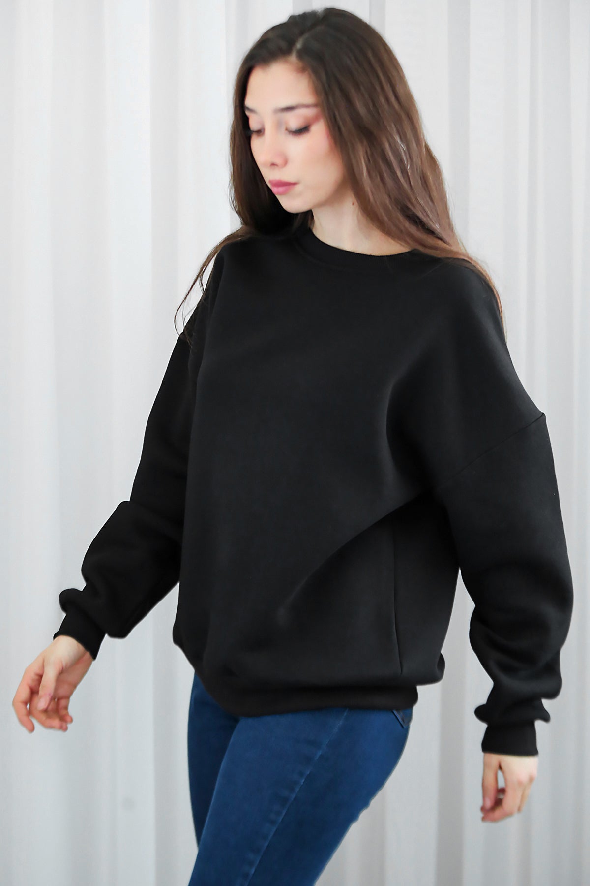 Kadın Bisiklet Yaka Üç İplik Oversize Sweat Siyah
