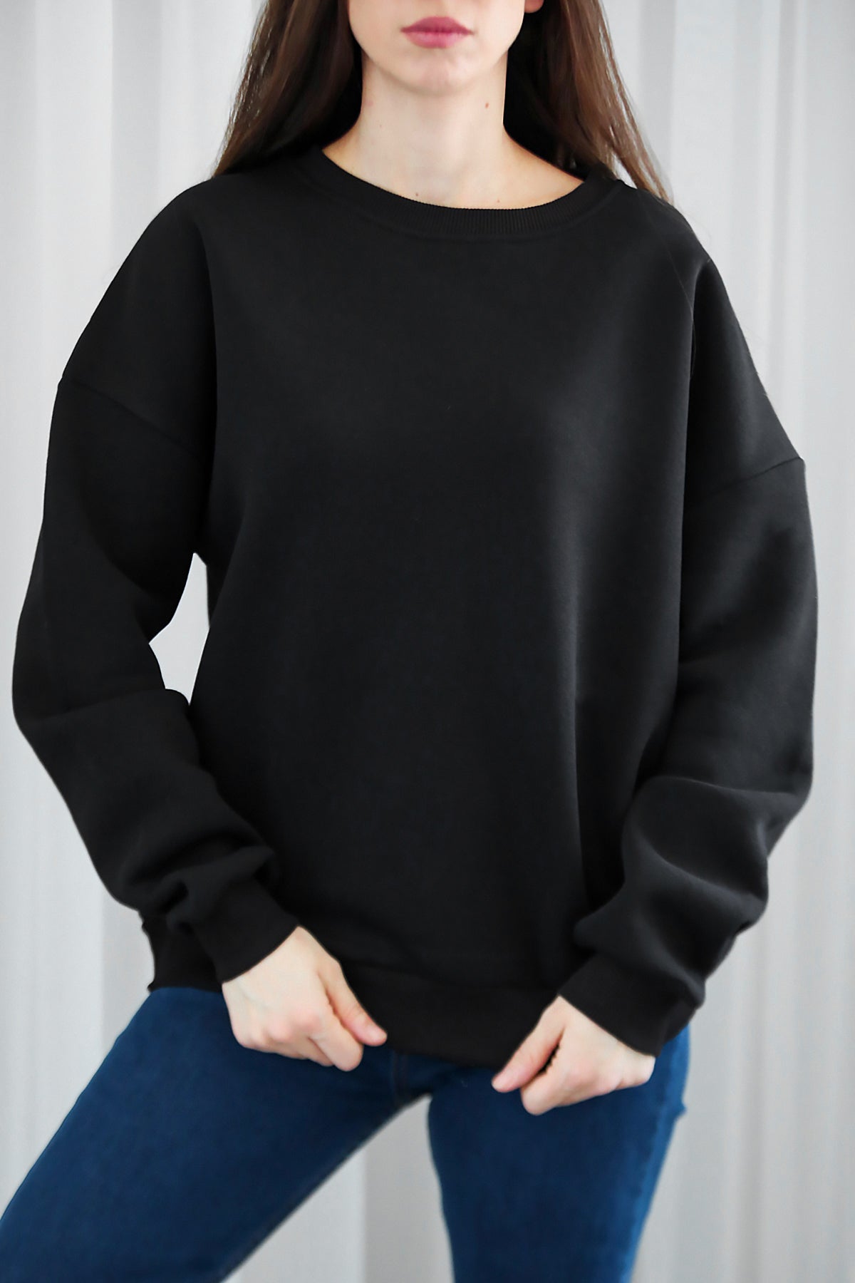Kadın Bisiklet Yaka Üç İplik Oversize Sweat Siyah