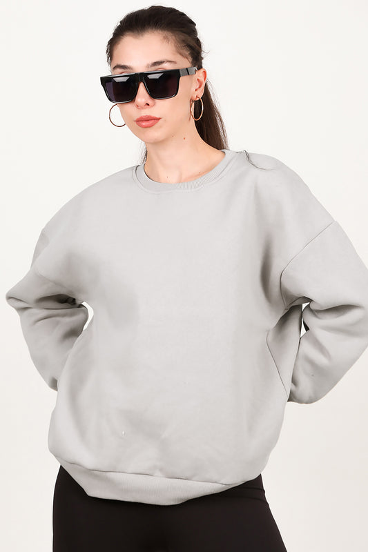 Kadın Bisiklet Yaka Üç İplik Oversize Sweat Vizon