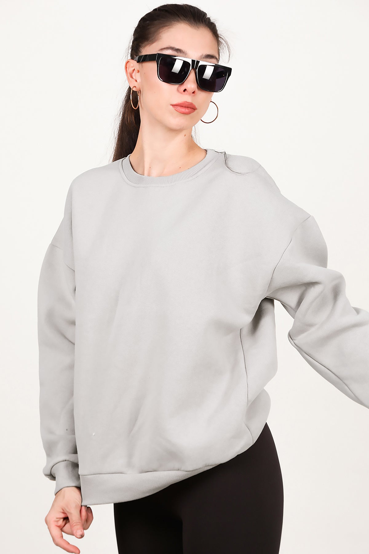 Kadın Bisiklet Yaka Üç İplik Oversize Sweat Vizon