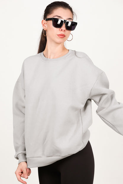 Kadın Bisiklet Yaka Üç İplik Oversize Sweat Vizon